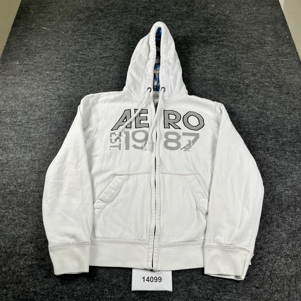 Aeropostale Hoodie Men L White Cotton Graphic Print Long Sleeve Full Zip Outdoor